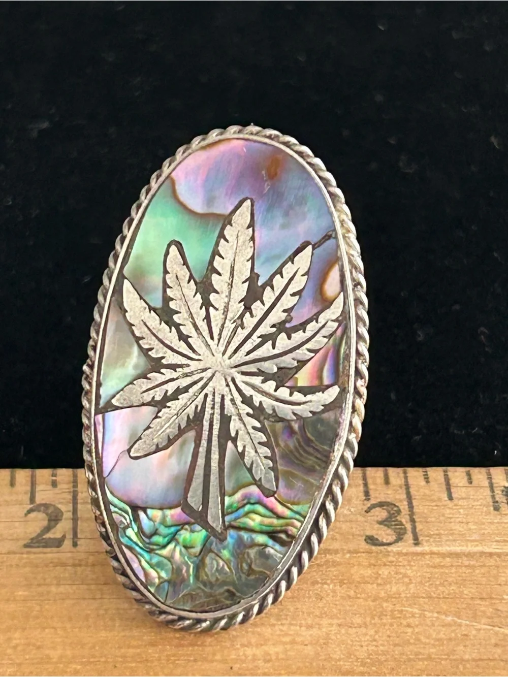 Vintage Taxco Mexico Sterling Silver Cannabis Inlay Abalone Ring Size 8.25